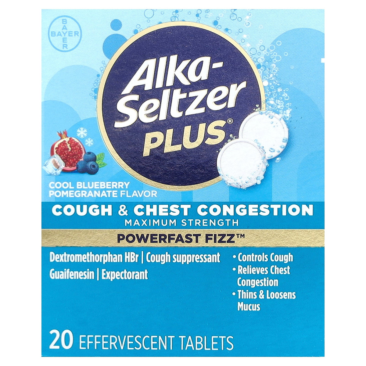 Alka-Seltzer Plus, Cough & Chest Congestion, Cool Blueberry Pomegranate, 20 Effervescent Tablets