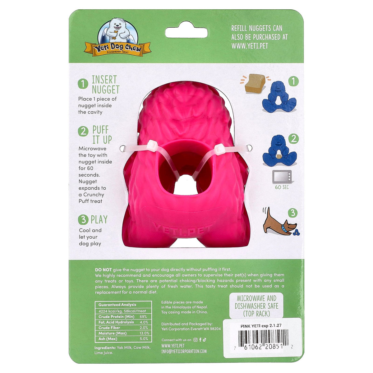 Puff & Play, Treat Dispenser, Yeti Dog Chew Nuggets, Pink, 4 Nuggets, 1 Dispenser