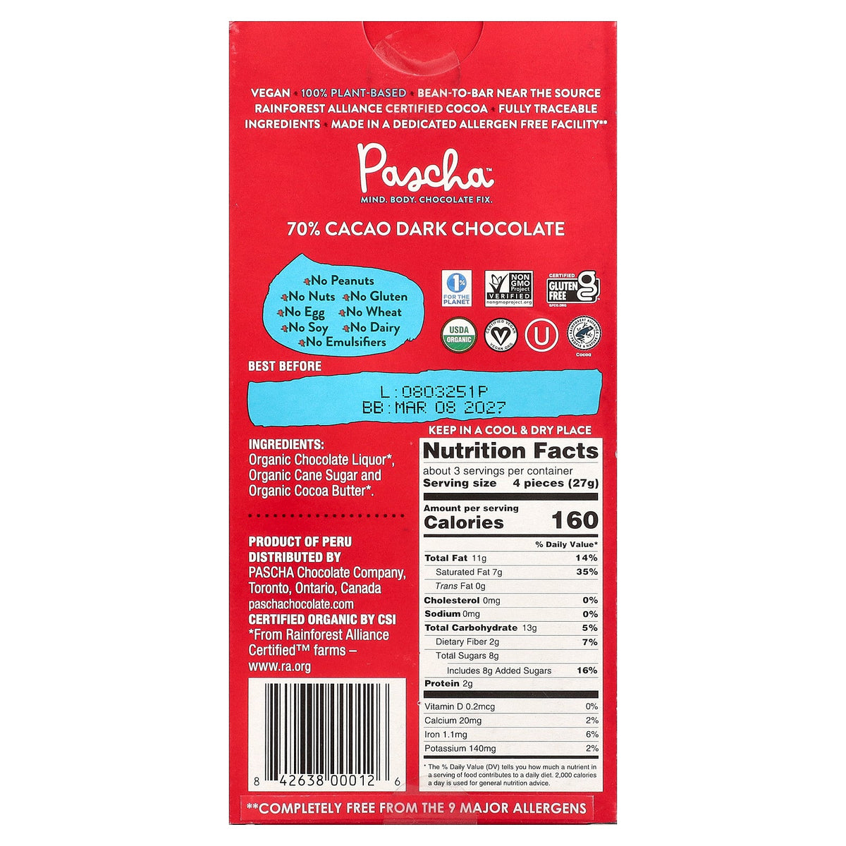 Pascha, Organic Dark Chocolate Bar, Classic Dark, 70% Cacao, 2.82 oz (80 g)