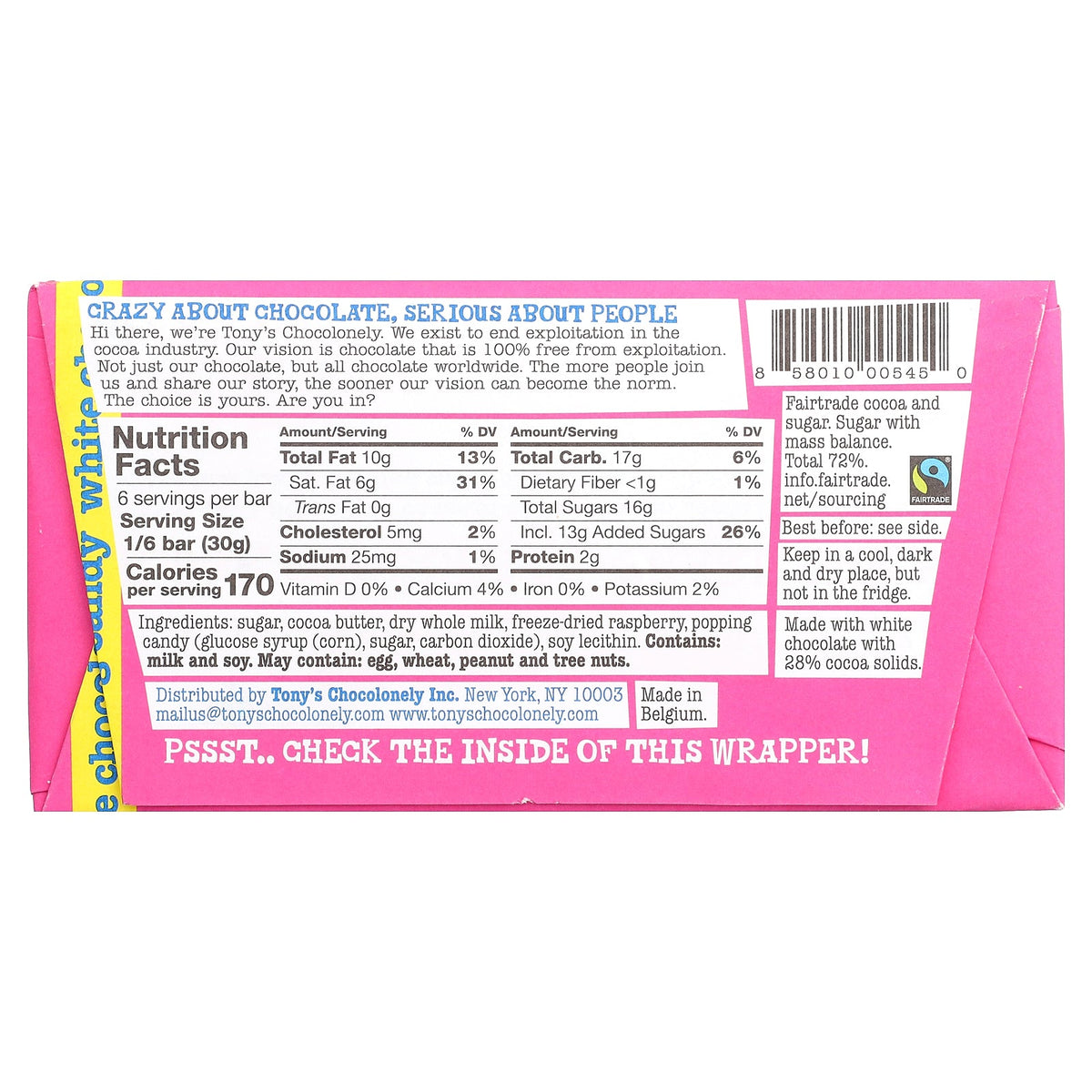 Tony's Chocolonely, White Chocolate Bar, Raspberry Popping Candy, 6.35 oz (180 g)
