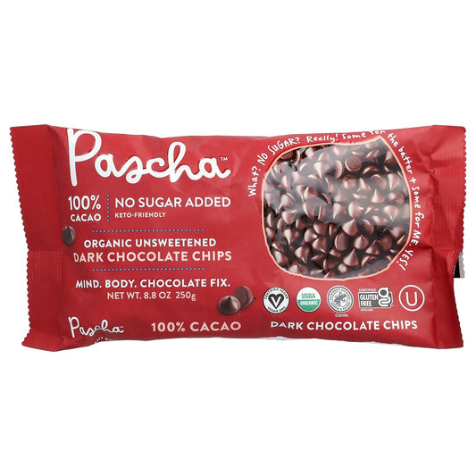 Pascha, Organic Dark Chocolate Chips, Unsweetened, 100% Cacao, 8.8 oz (250 g)