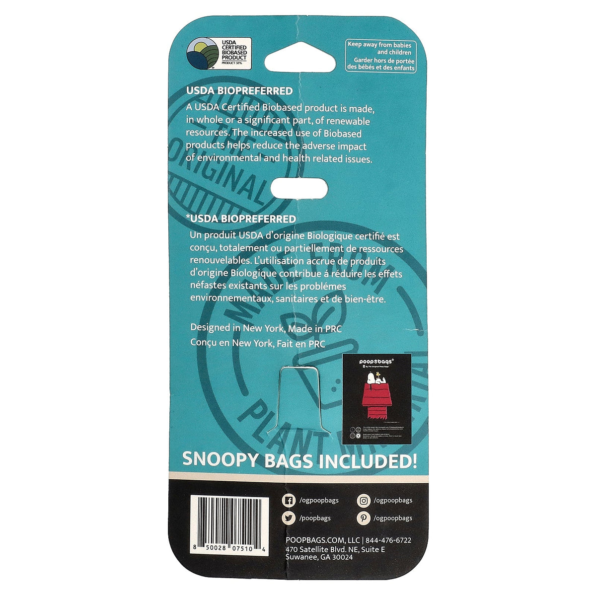 Original Poop Bags, Peanuts®, Bag Dispenser, Green, Snoopy Bags, Unscented, 1 Dispenser, 15 Bags