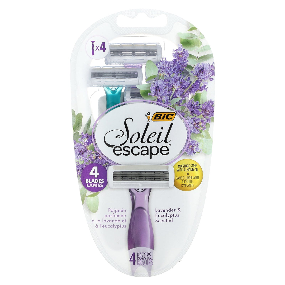 BIC, Soleil Escape, Women's Disposable Razors, Lavender & Eucalyptus, 4 Razors