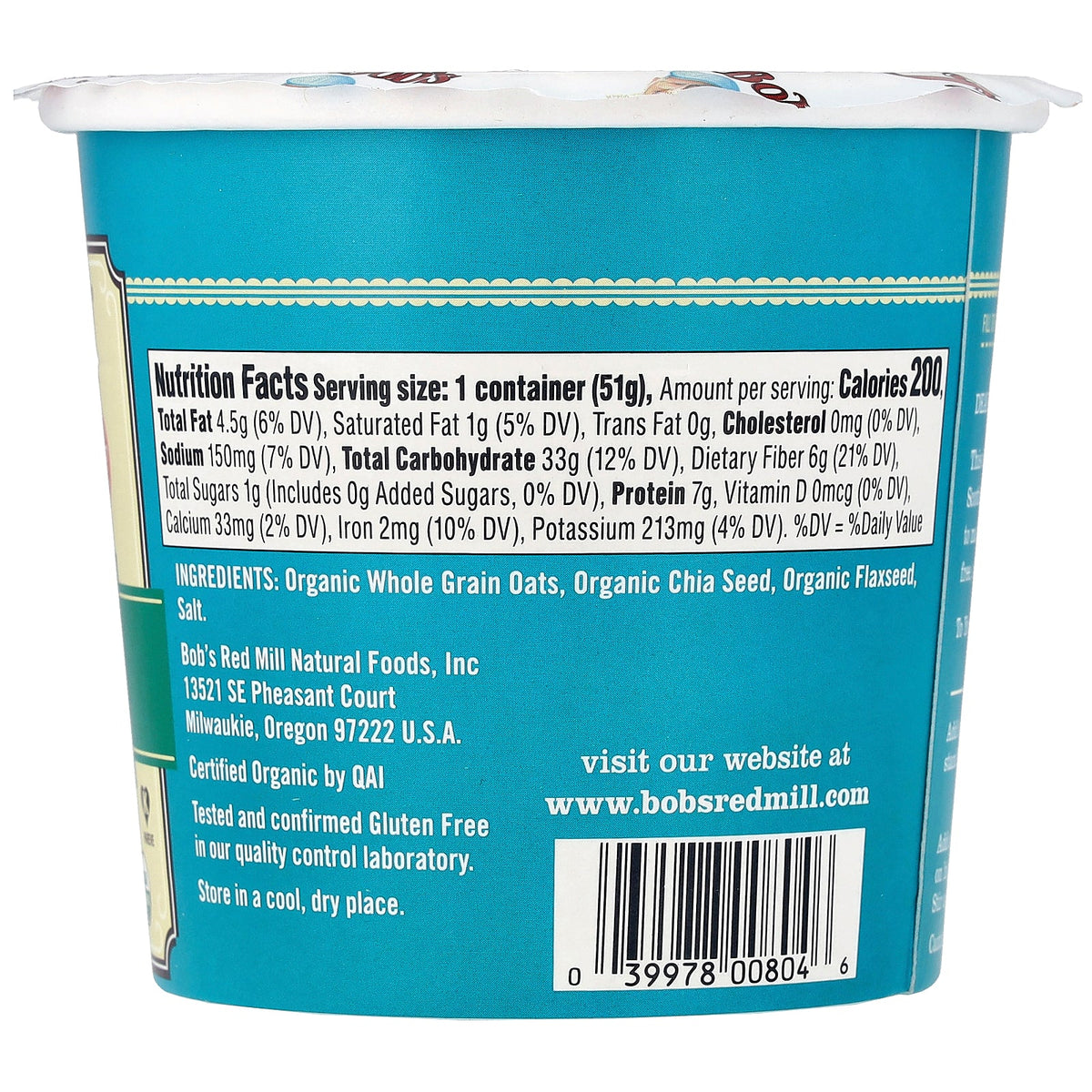 Bob's Red Mill, Organic Oatmeal Cup, Classic, 1.8 oz (51 g)