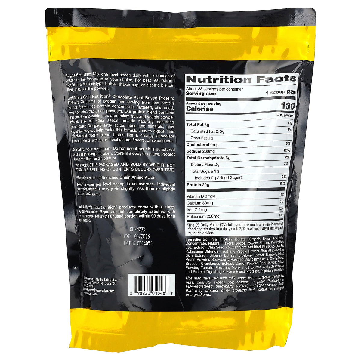 California Gold Nutrition, Sport, Plant-Based Protein with Organic Brown Rice Protein Concentrate, Flaxseed, Chia Seed, Chocolate, 2 lb (907 g)