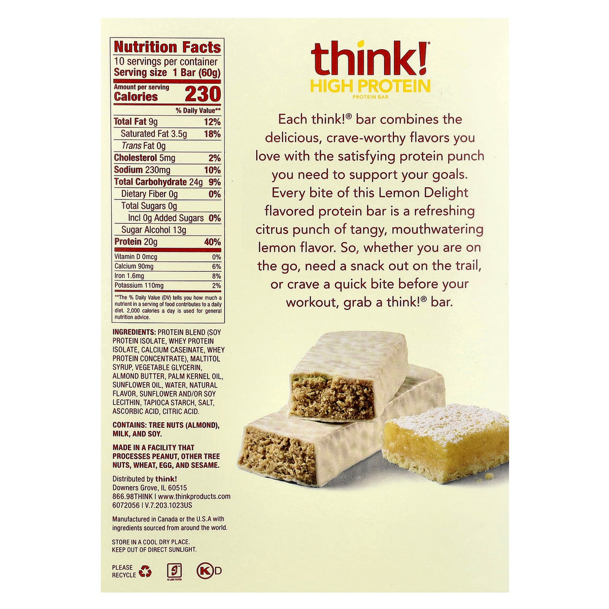 Think !, High Protein Bars, Lemon Delight, 10 Bars, 2.1 oz (60 g) Each