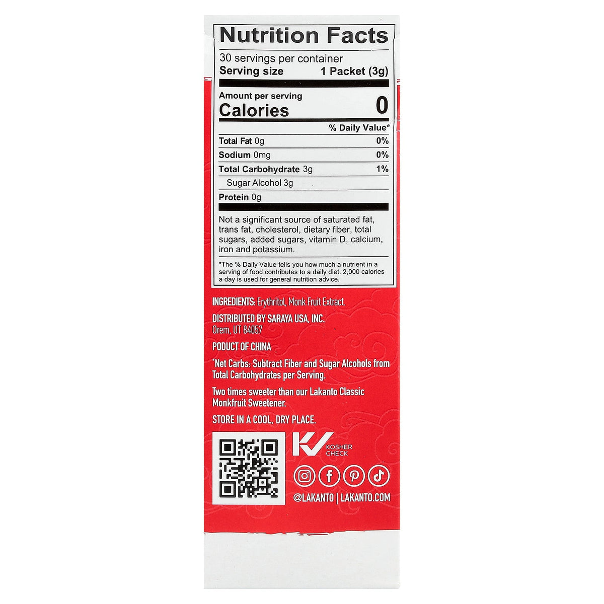 Lakanto, Monkfruit Sweetener With Erythritol, Classic, 30 Packets, 3.17 oz (90 g)