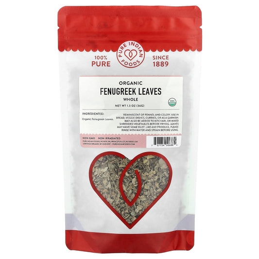 Pure Indian Foods, Organic Fenugreek Leaves, Whole, 1.3 oz (36 g)