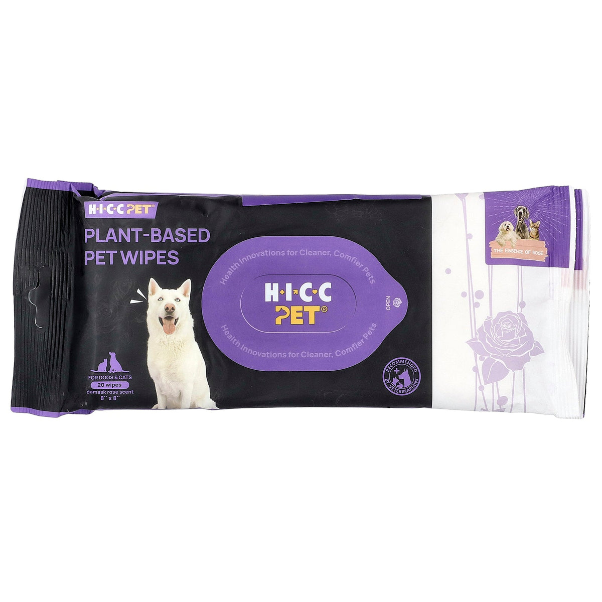 HICC Pet, Plant-Based Pet Wipes, For Dogs & Cats, Damask Rose, 6 Packs, 20 Wipes Each
