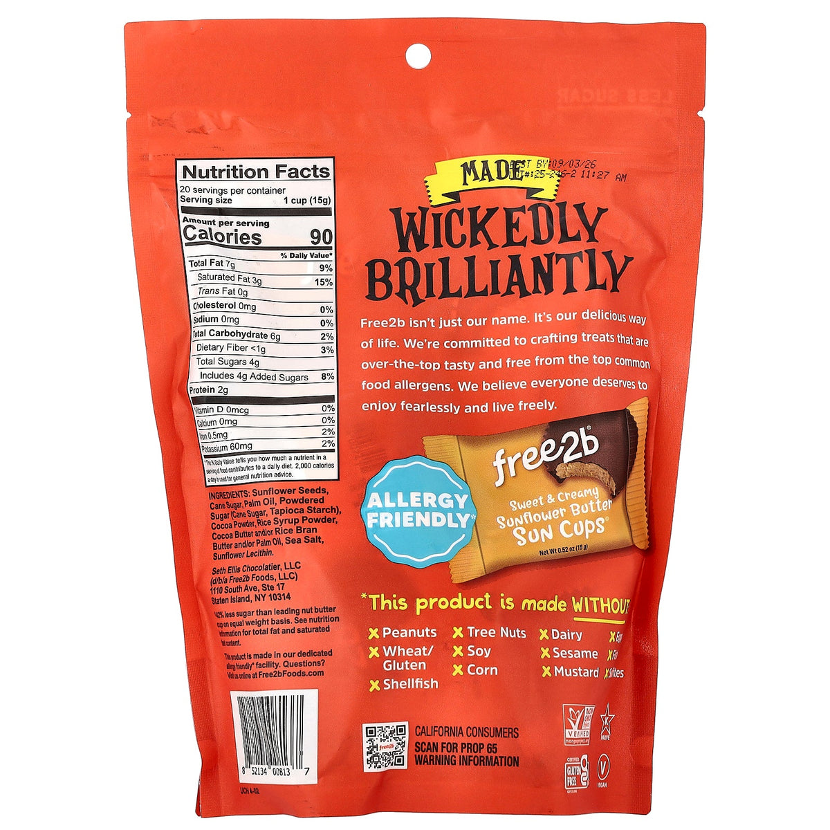 Free2B, Bag O' Treats, Sweet & Creamy Sunflower Butter Sun Cups®, 20 Cups, 0.52 oz (15 g) Each