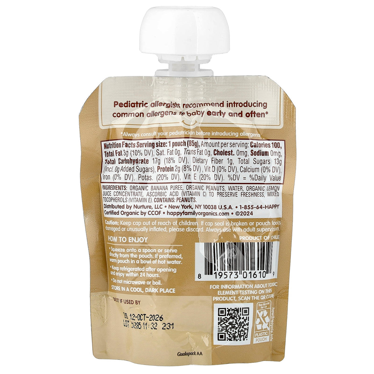 Happy Family Organics, Happy Baby®, Nutty Blends™, 6+ Months, Organic Bananas with 1 tsp Peanut Butter, 12 Pouches, 3 oz (85 g) Each
