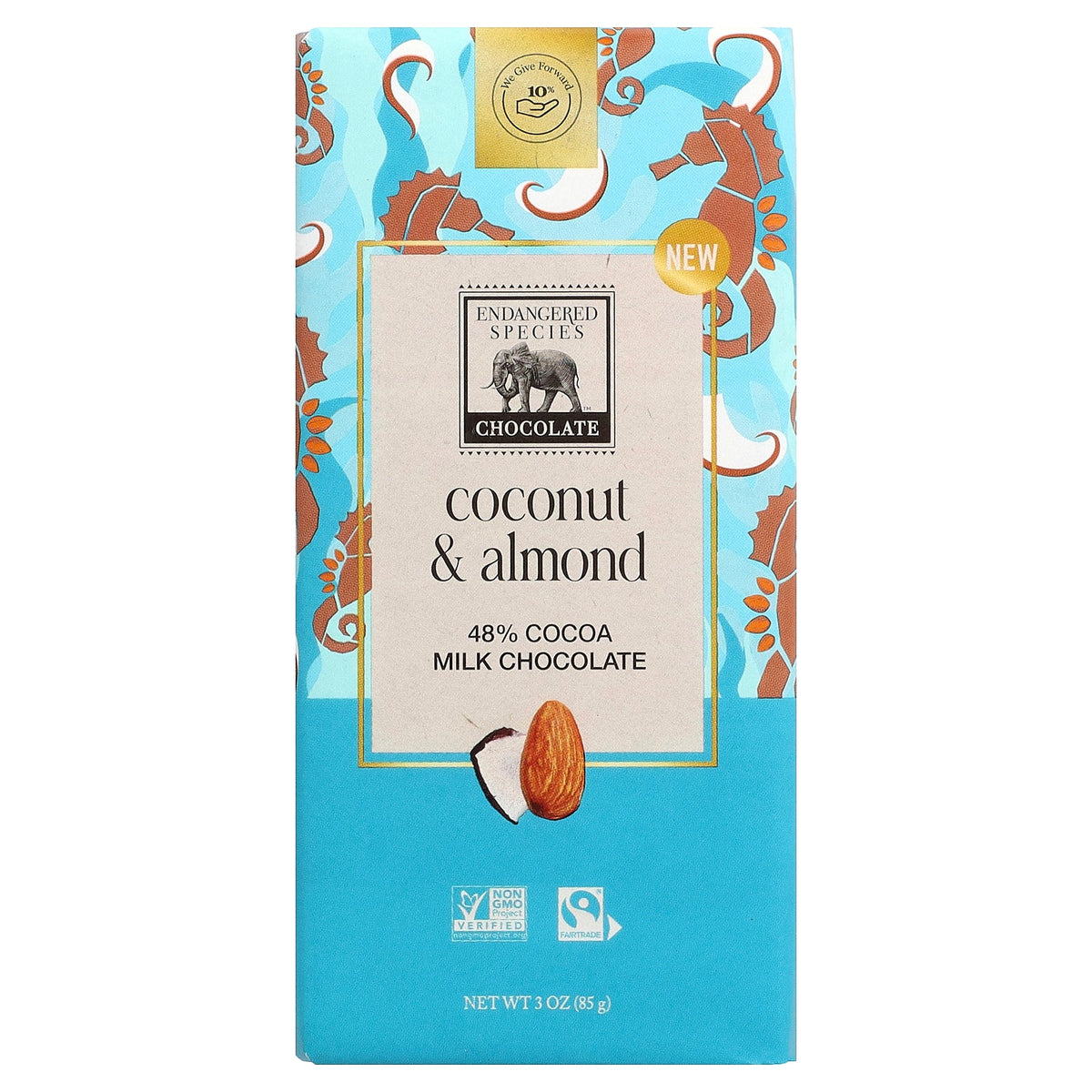 Endangered Species Chocolate, Milk Chocolate Bar, Coconut & Almond, 48% Cocoa, 3 oz (85 g)