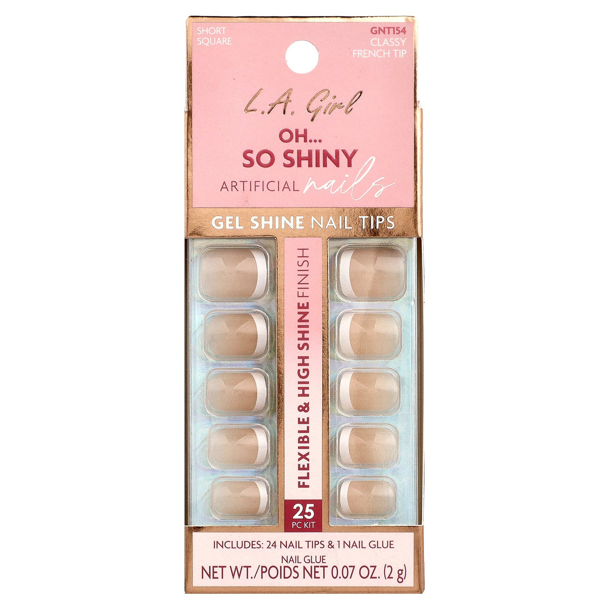 L.A. Girl, Oh So Shiny Artificial Nails, Gel Shine Nail Tips, GNT154 Classy French Tip, 25 Piece Kit