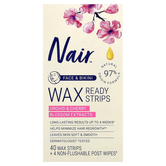 Nair, Wax Ready Strips, Face & Bikini, Orchid & Cherry Blossom Extracts, 40 Wax Strips + 4 Post Wipes