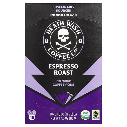 Death Wish Coffee, Premium Coffee Pods, Espresso Roast, 10 Pods, 0.40 oz (11.5 g) Each