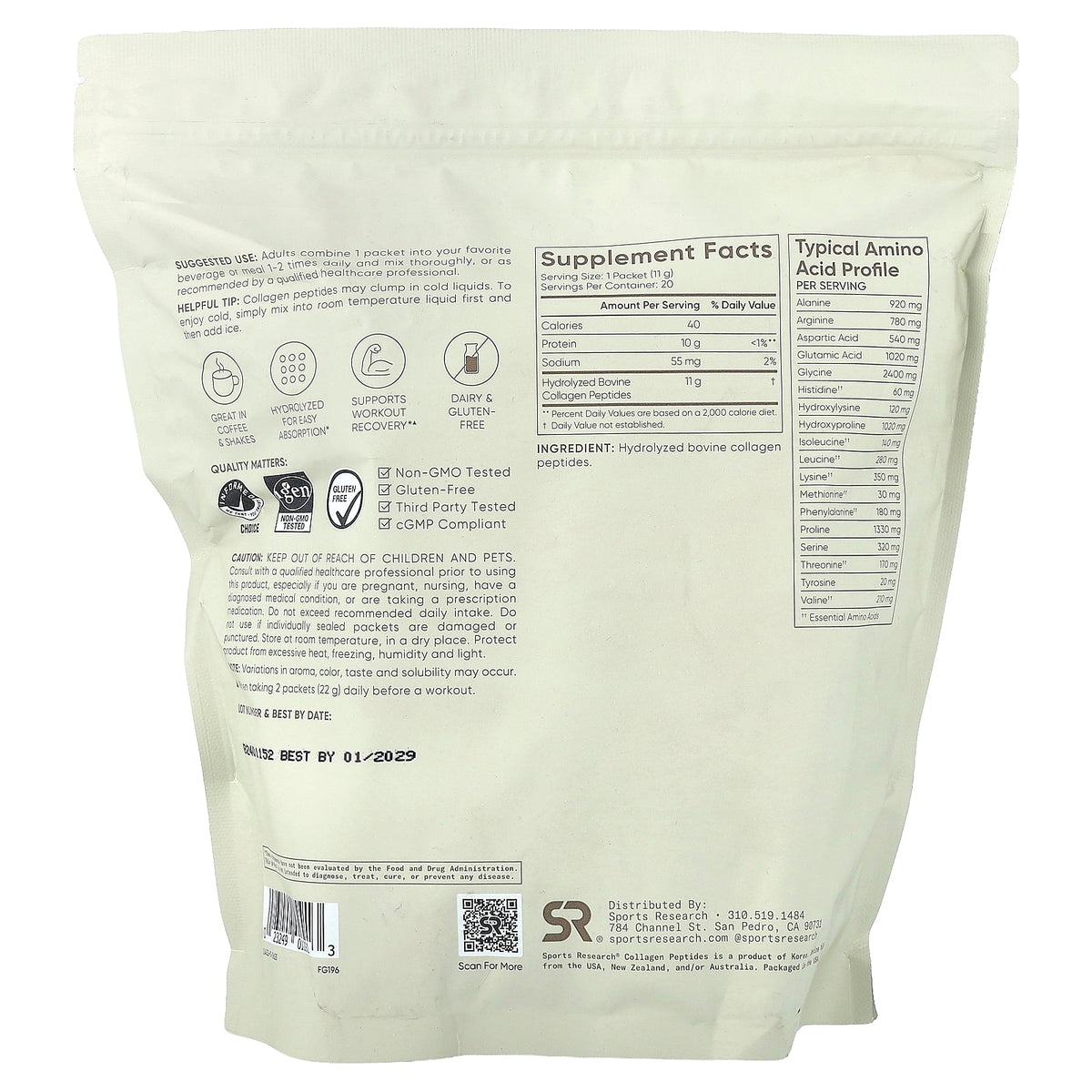 Sports Research, Collagen Peptides, Unflavored, 20 Single Packets, 0.39 oz (11 g) Each