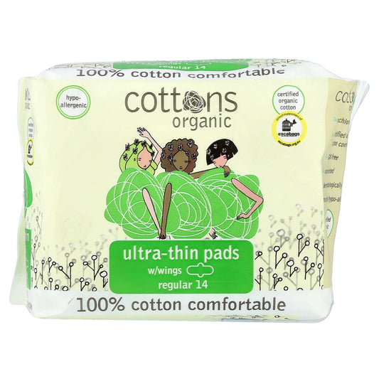 Cottons, 100% Cotton Comfortable, Ultra-Thin Pads with Wings, Regular, 14 Pads