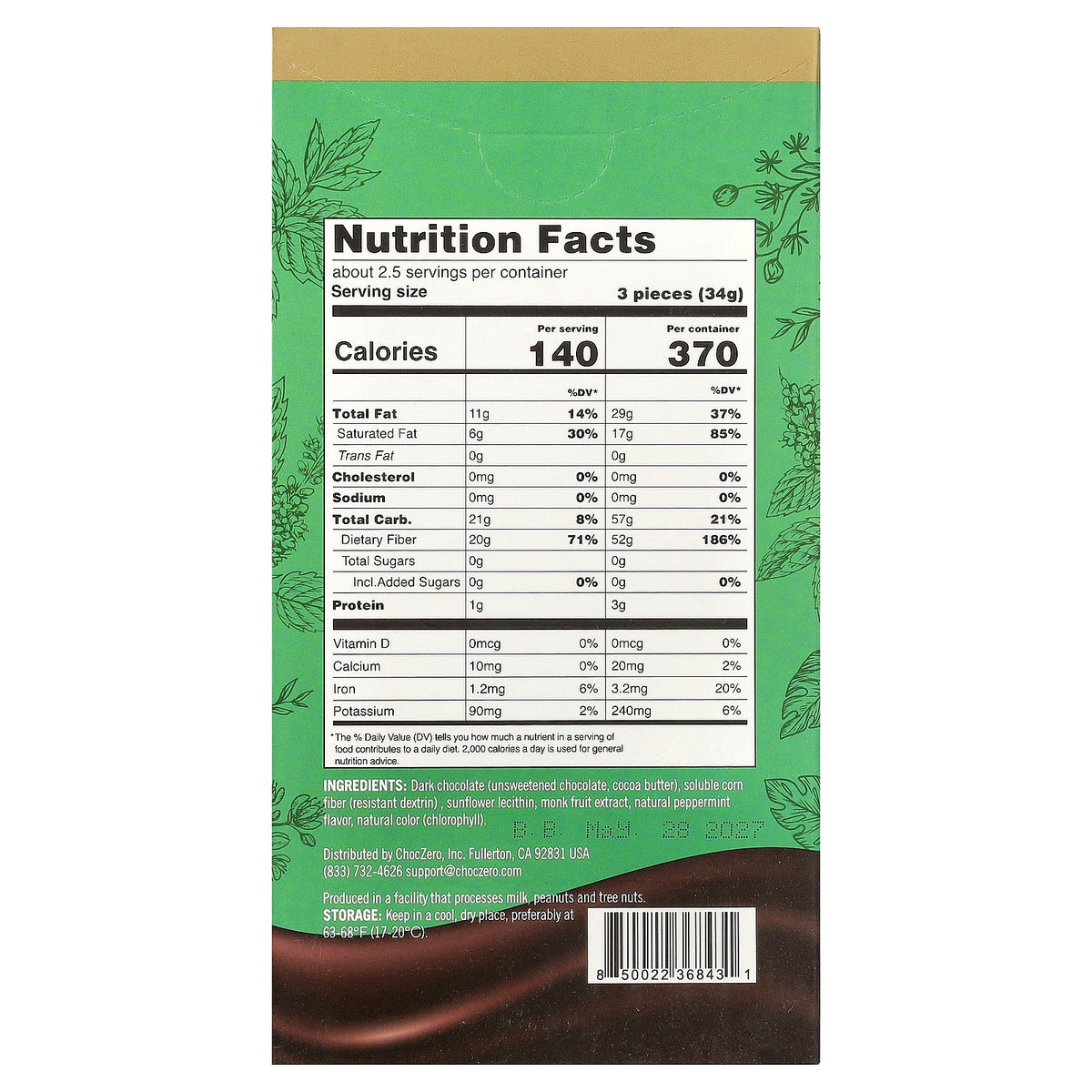 ChocZero, Keto Bark, Dark Chocolate, Peppermint Crunch, 8 Mini Bars, 3.2 oz (90 g)