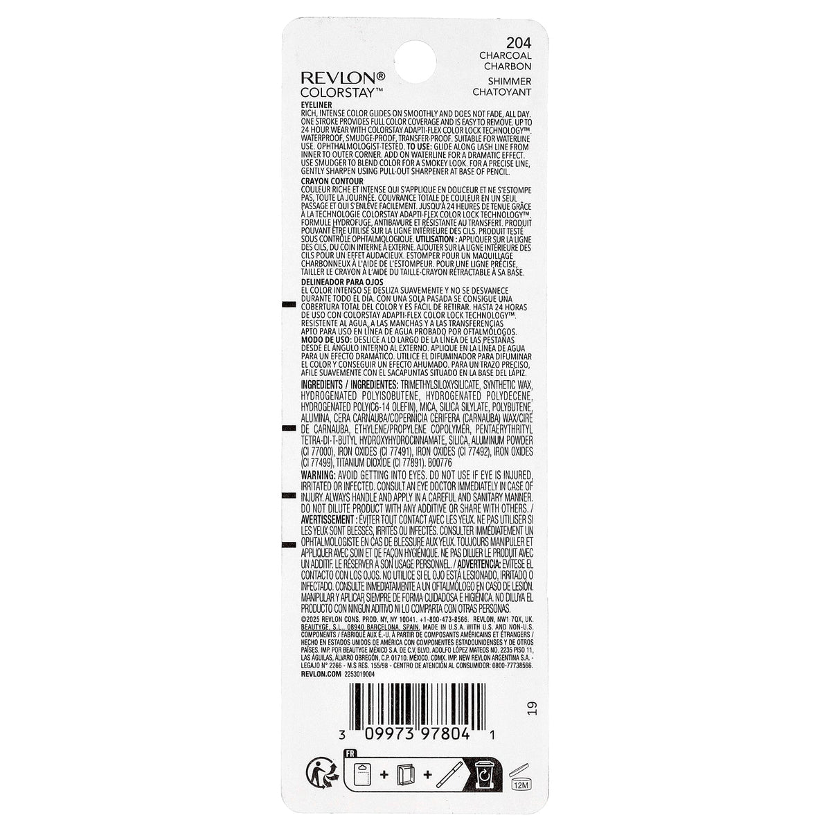 Revlon, Colorstay™, Eyeliner Pencil, Shimmer, 204 Charcoal, 0.01 oz (0.28 g)