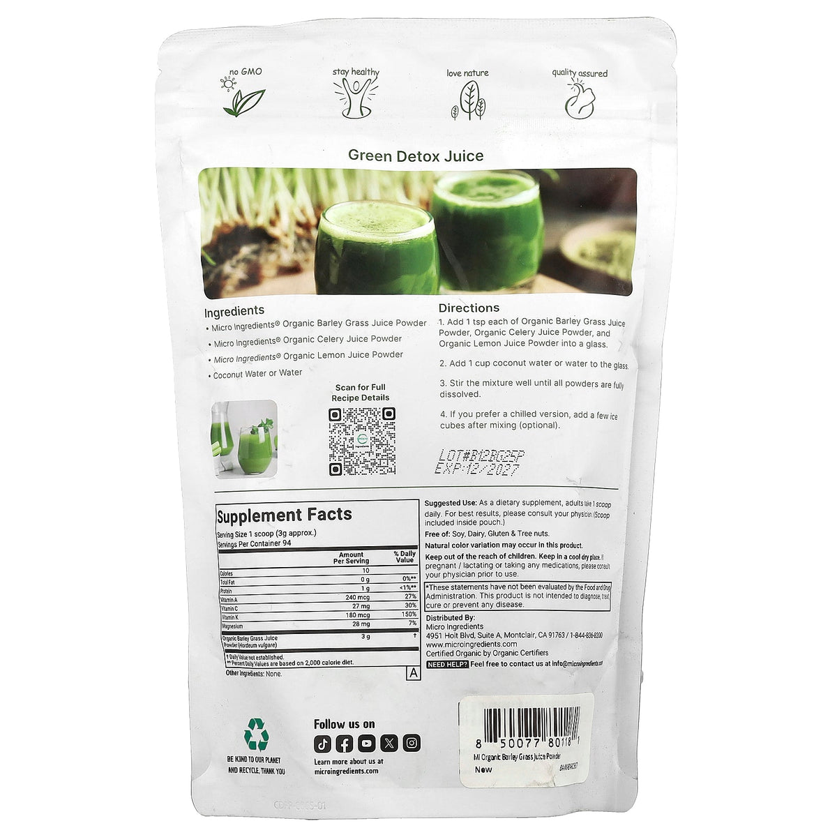 Micro Ingredients, Organic Barley Grass Juice Powder, 10 oz (283 g)