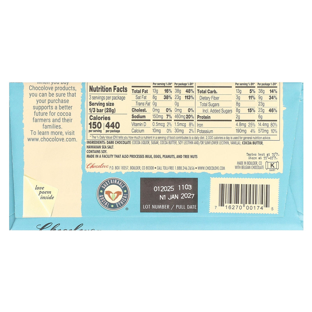 Chocolove, Hawaiian Sea Salt in Strong Dark Chocolate, 72% Cocoa, 3 oz (85 g)