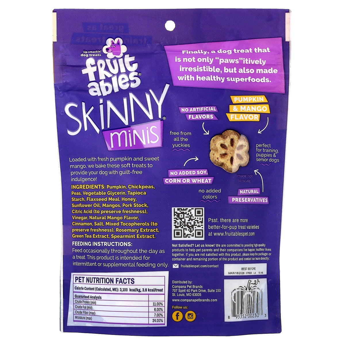 Fruitables, Skinny Minis®, Dog Treats, Pumpkin & Mango, 5 oz (141 g)