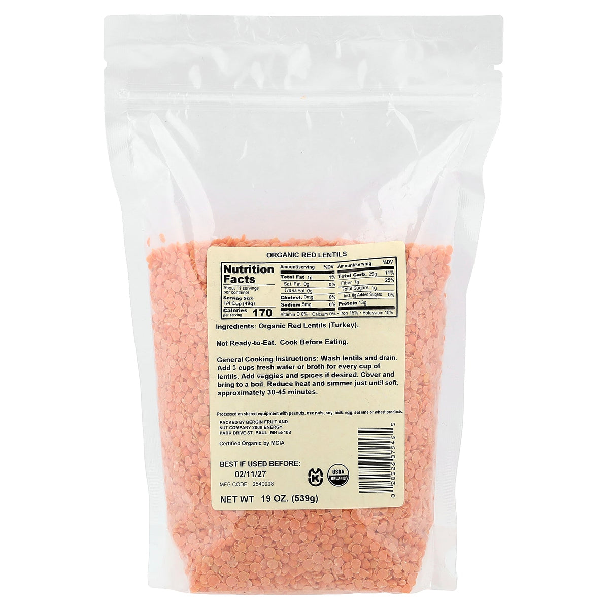 Bergin Fruit and Nut Company, Organic Red Lentils, 19 oz (539 g)