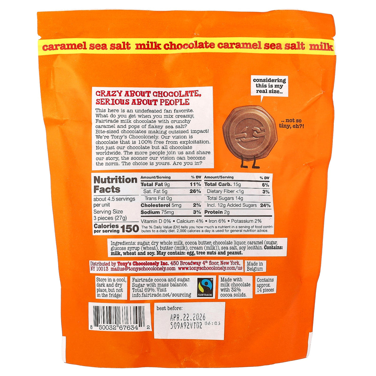 Tony's Chocolonely, Tiny Milk Chocolate, Caramel Sea Salt, 14 Pieces, 0.32 oz (9 g) Each