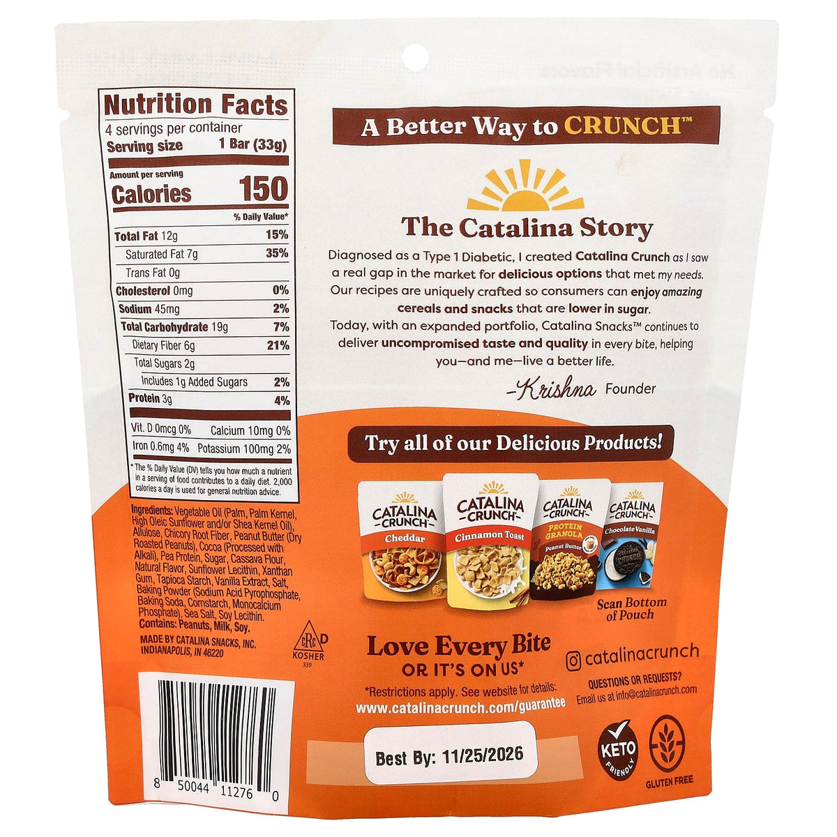 Catalina Crunch, Chocolate Cookie Bar, Peanut Butter, 4 Bars, 1.16 oz (33 g) Each