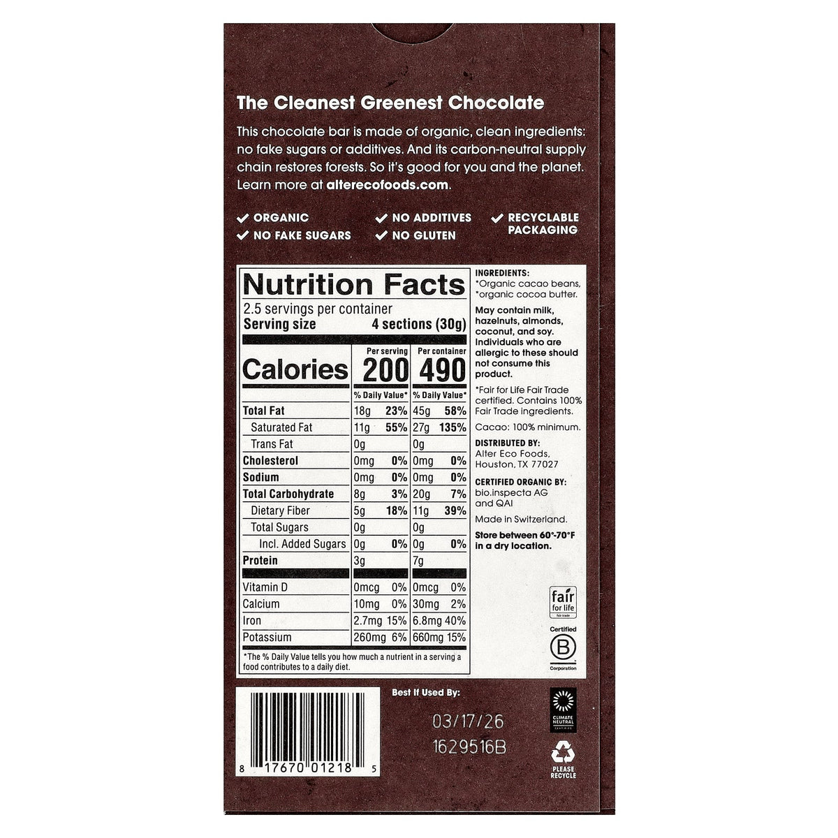 Alter Eco, Total Blackout®, Organic Dark Chocolate Bar, 100% Cacao, 2.65 oz (75 g)