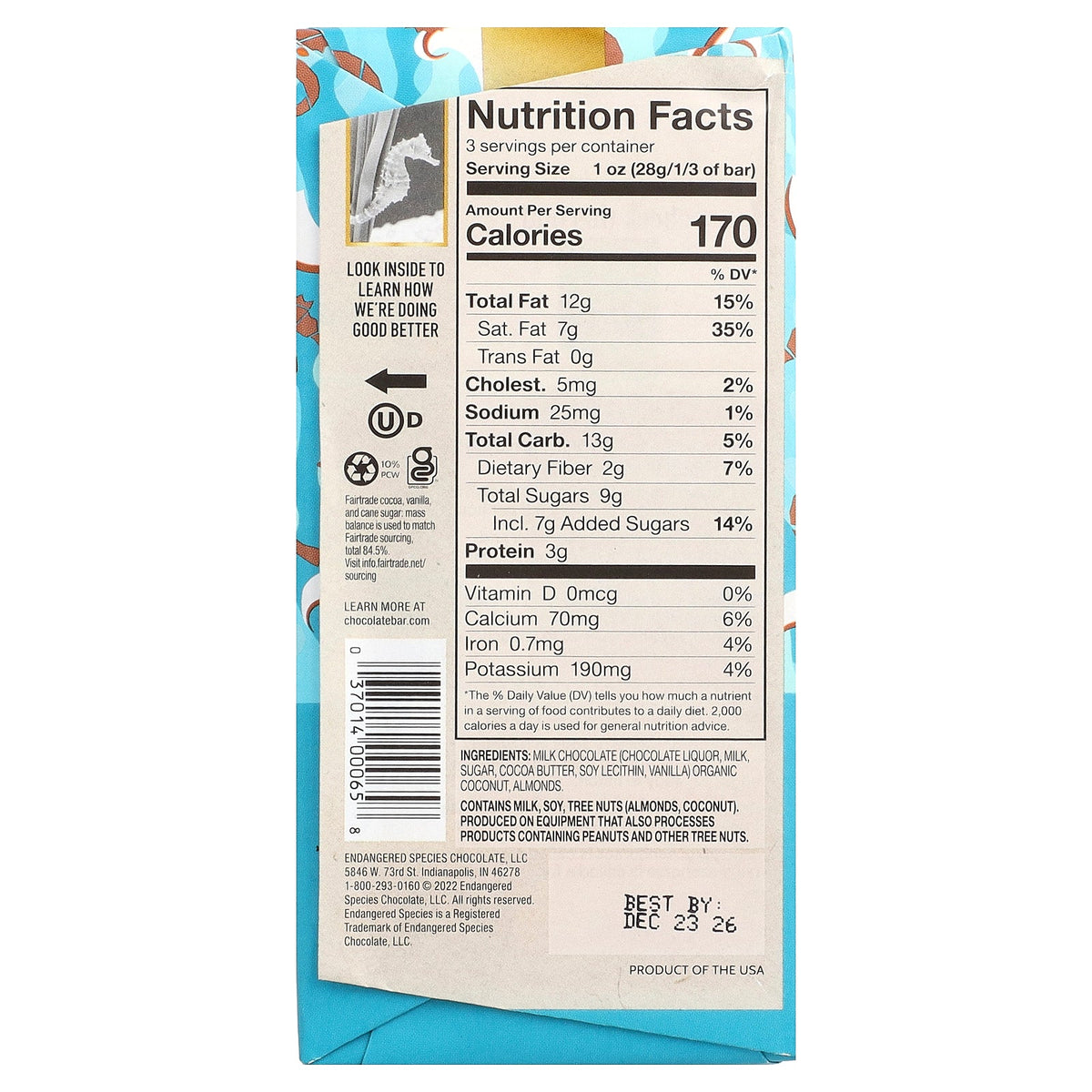 Endangered Species Chocolate, Milk Chocolate Bar, Coconut & Almond, 48% Cocoa, 3 oz (85 g)
