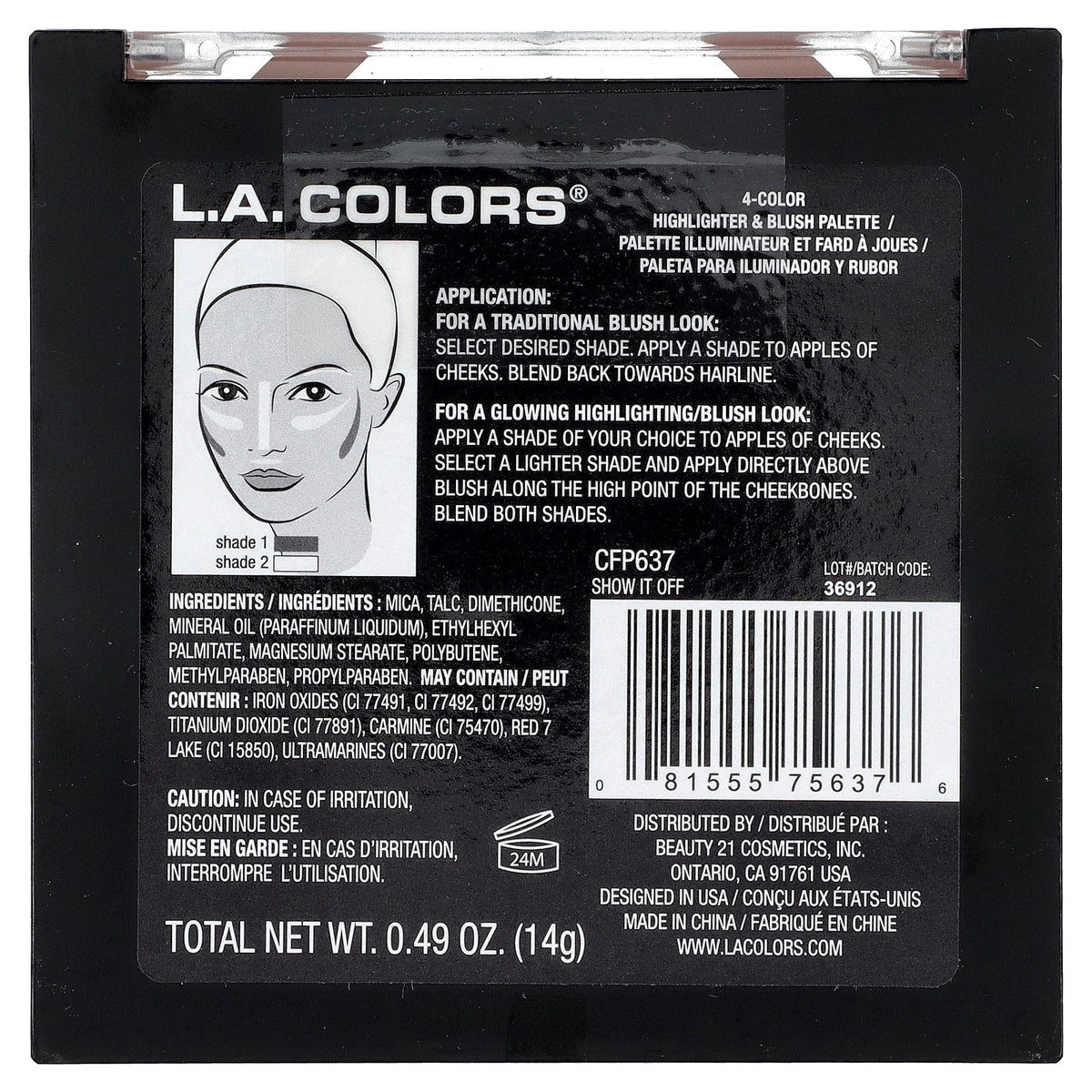 L.A. Colors, Blush + Highlight Palette, CFP637 Show It Off, 0.49 oz (14 g)