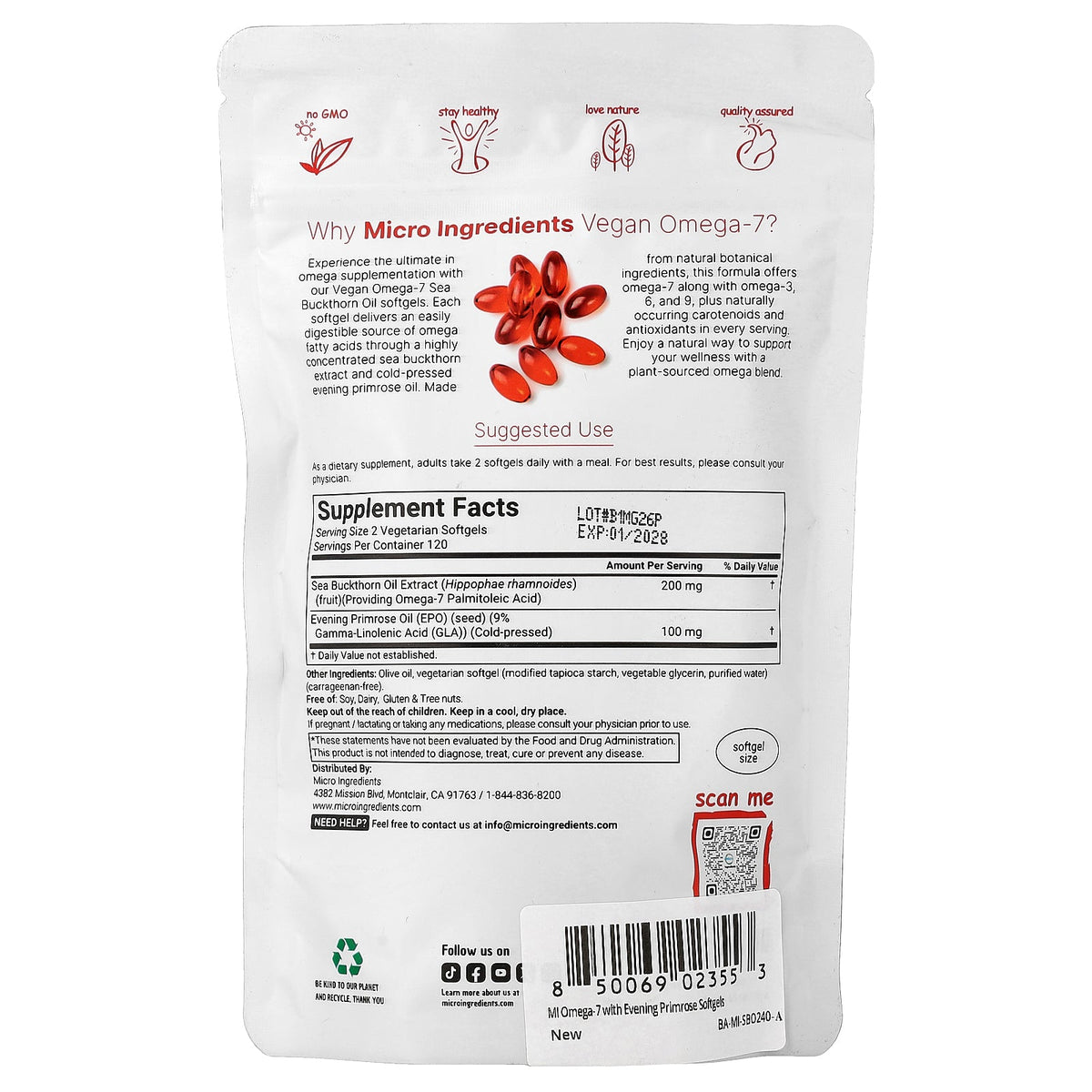 Micro Ingredients, Vegan Omega-7 Sea Buckthorn Oil with Evening Primrose Oil, 240 Vegetarian Softgels
