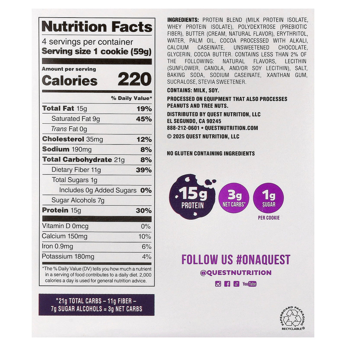 Quest Nutrition, Protein Cookie, Double Chocolate Chip, 4 Cookies, 2.08 oz (59 g) Each
