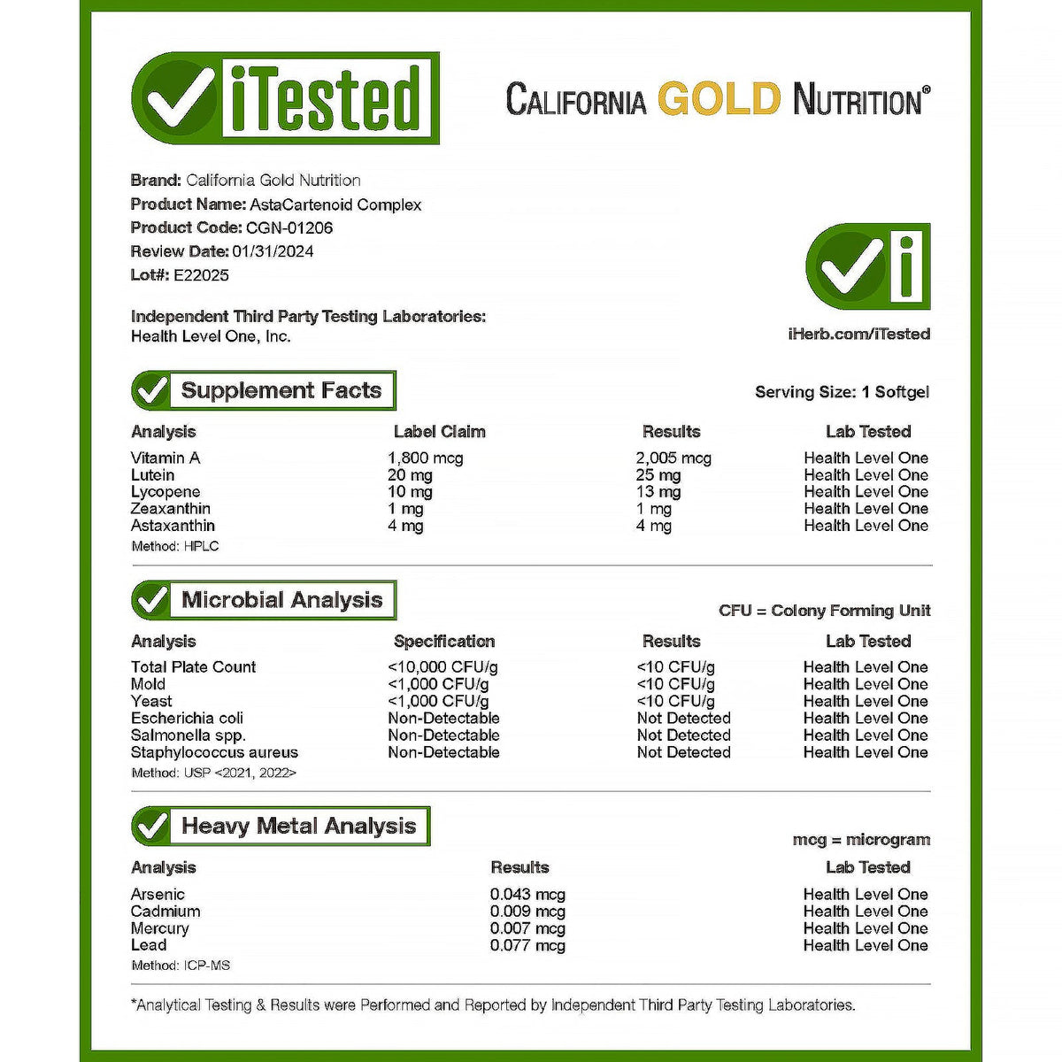 California Gold Nutrition, AstaCarotenoid Complex with Lutein, Lycopene, Astaxanthin, and Vitamin A, 30 Veggie Softgels
