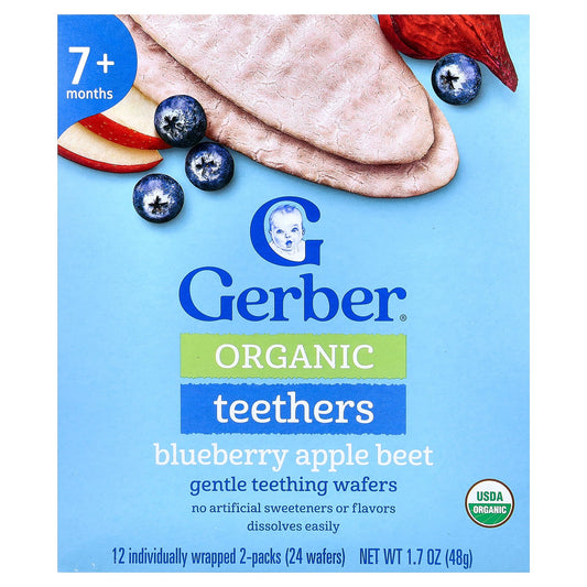 Gerber, Organic Teethers, Gentle Teething Wafers, 7+ Months, Blueberry Apple Beet, 12 Individually Wrapped 2-Packs, 0.14 oz (4 g) Each