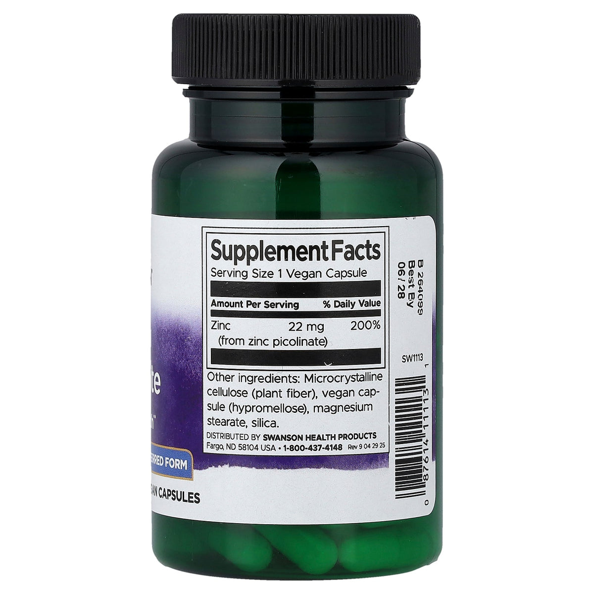 Swanson Vitamins, Zinc Picolinate, 22 mg, 60 Vegan Capsules