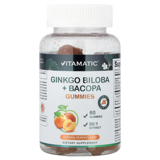 Vitamatic, Ginkgo Biloba + Bacopa Gummies, Natural Peach, 60 Gummies