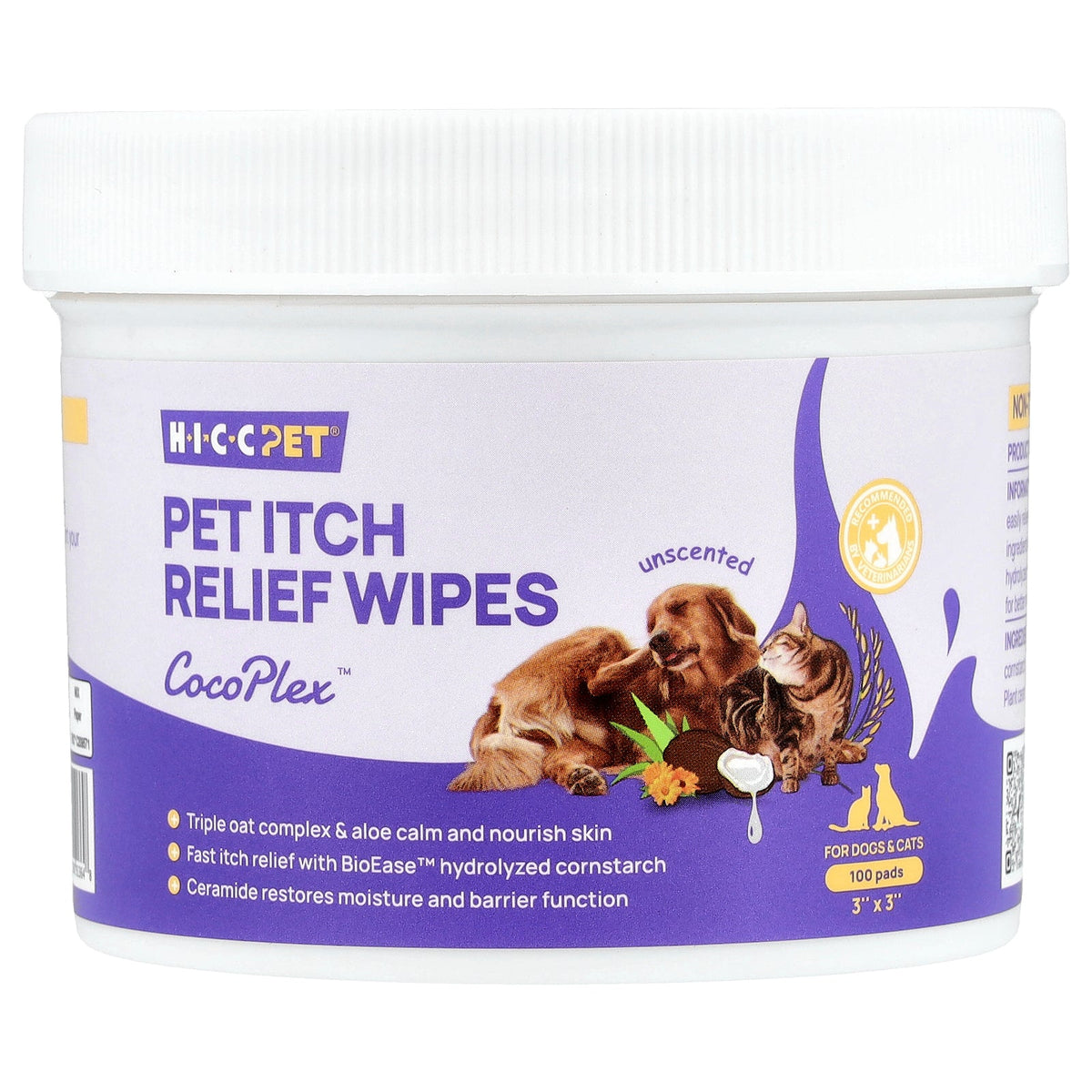 HICC Pet, Pet Itch Relief Wipes, For Dogs & Cats, Unscented, 100 Pads