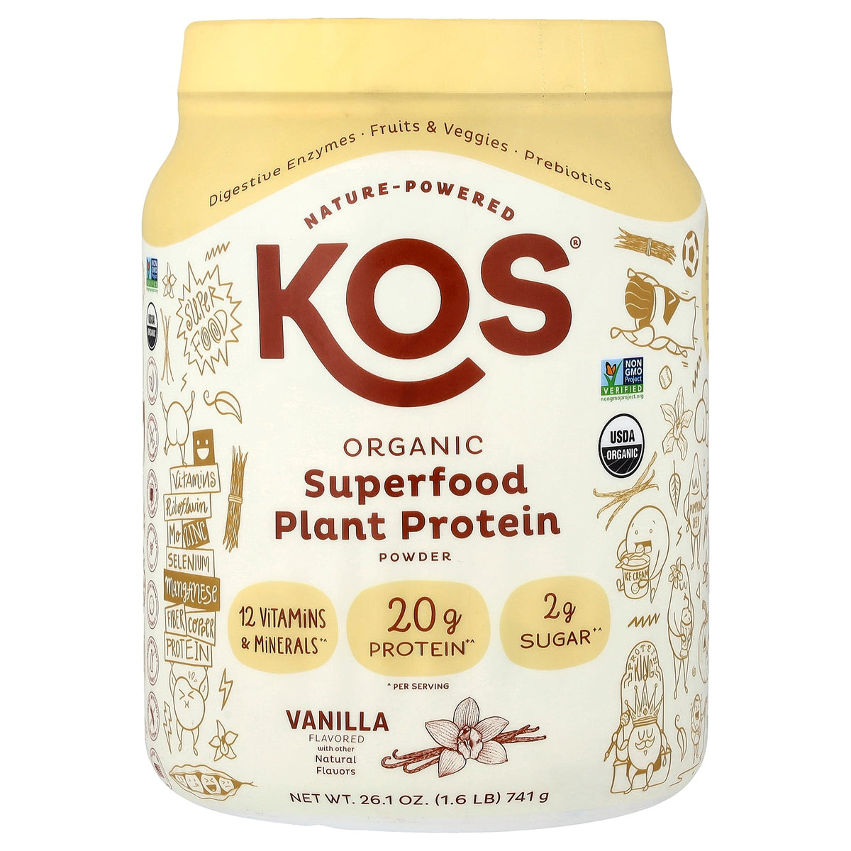 KOS, Organic Superfood Plant Protein Powder, Vanilla, 1.6 lb (741 g)
