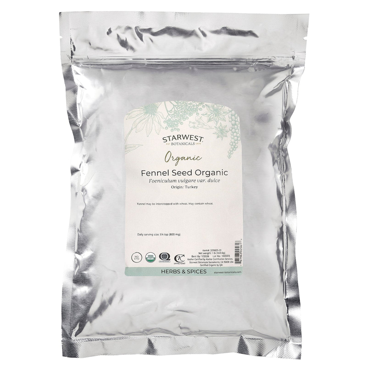 Starwest Botanicals, Organic Fennel Seed , 1 lb (453.6 g)