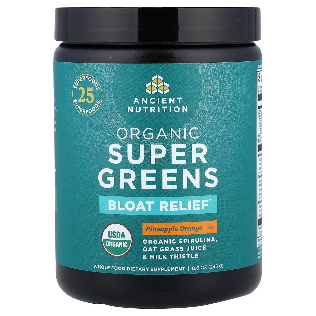 Ancient Nutrition, Organic Super Greens, Bloat Relief, Pineapple Orange, 8.6 oz (245 g)