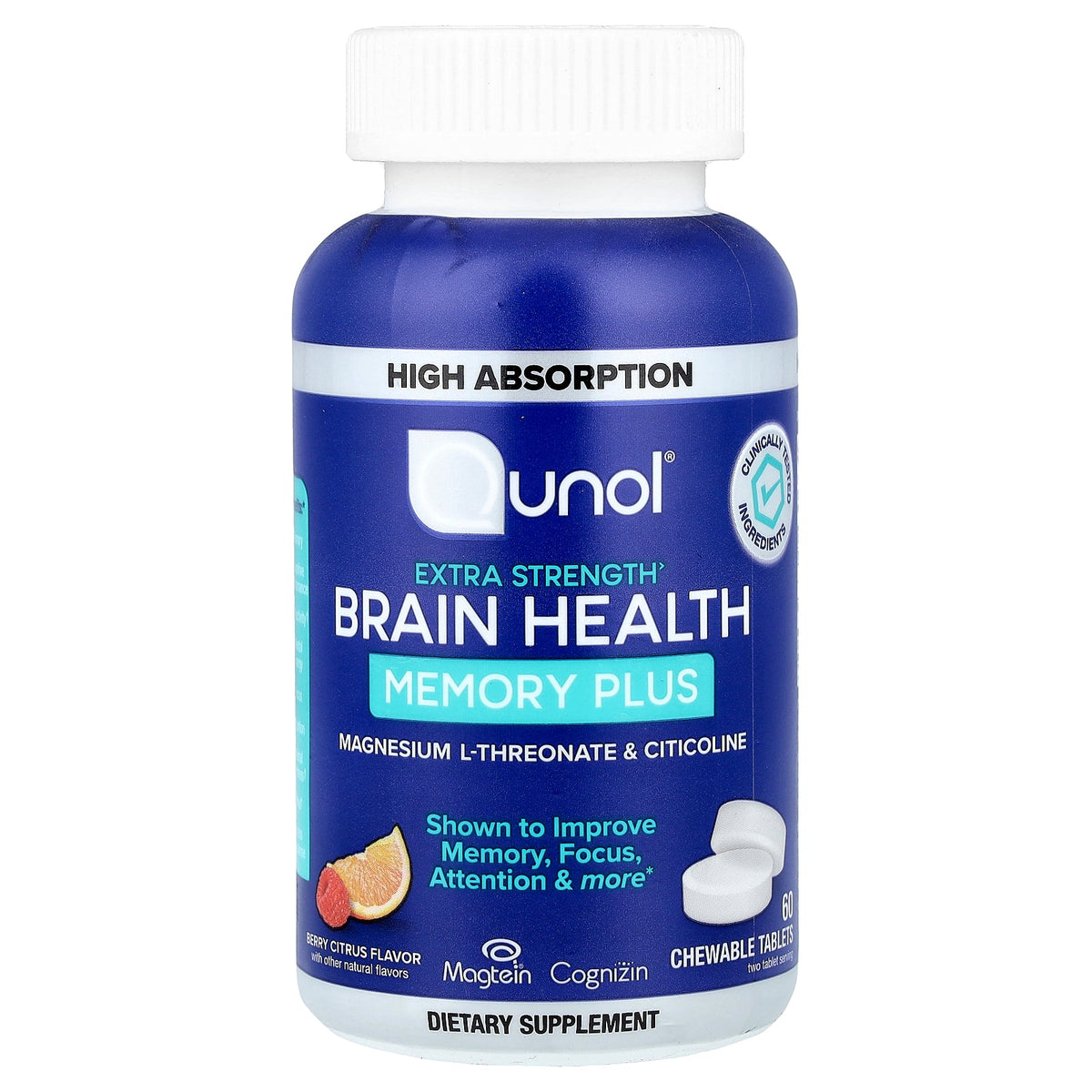 Qunol, Brain Health, Memory Plus, Berry Citrus, 60 Chewable Tablets