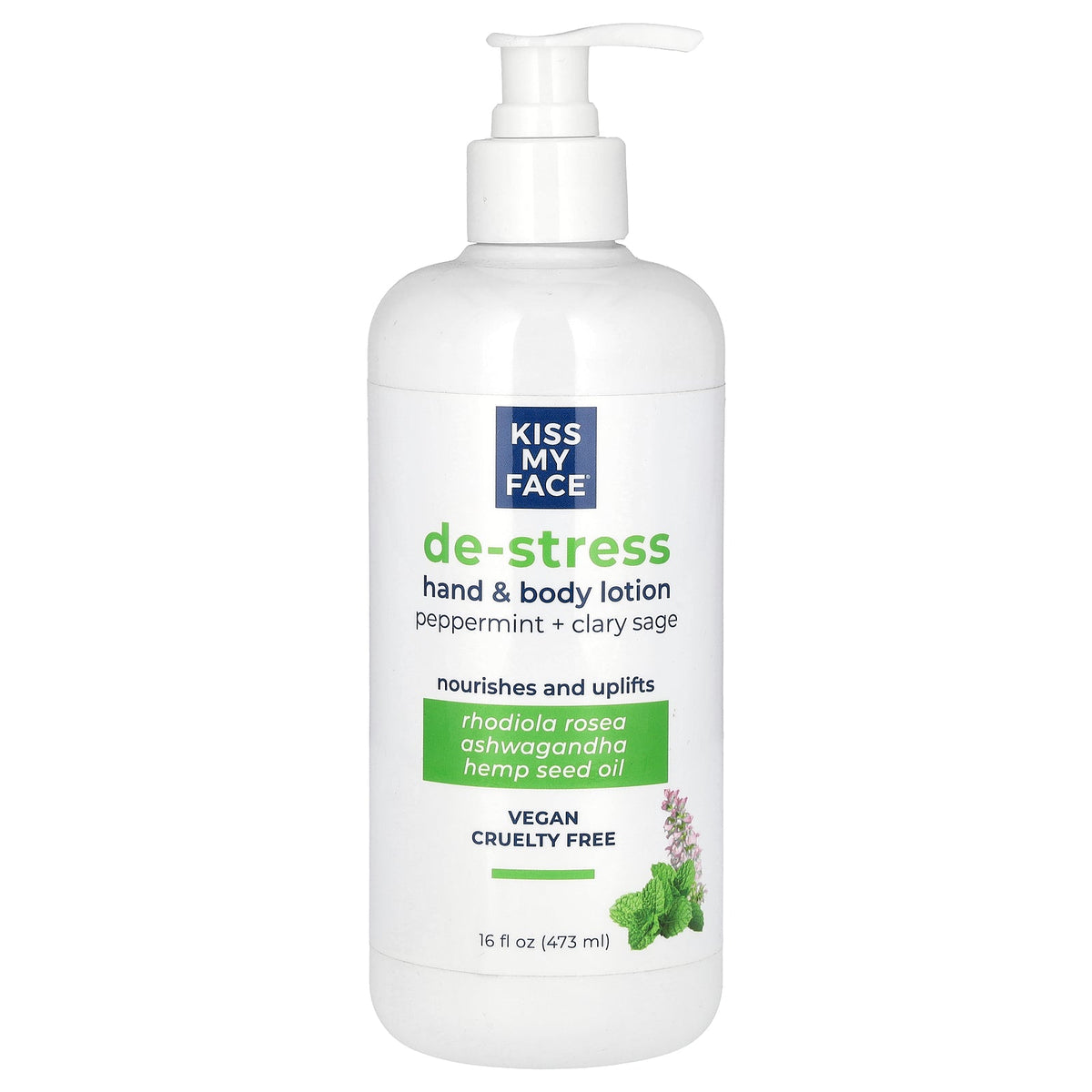 Kiss My Face, De-Stress, Hand & Body Lotion, Peppermint + Clary Sage, 16 fl oz (473 ml)