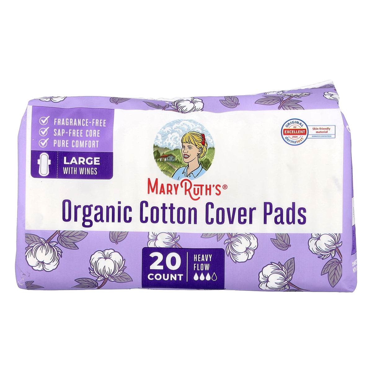 MaryRuth's, Organic Cotton Cover Pads with Wings, Large, Heavy Flow, 20 Pads