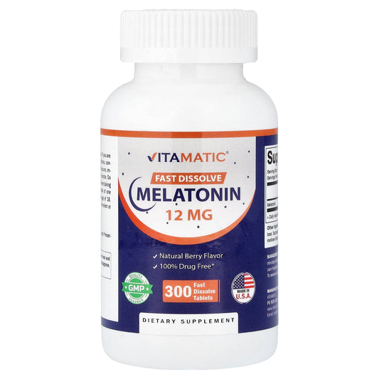 Vitamatic, Melatonin, Natural Berry, 12 mg, 300 Fast Dissolve Tablets