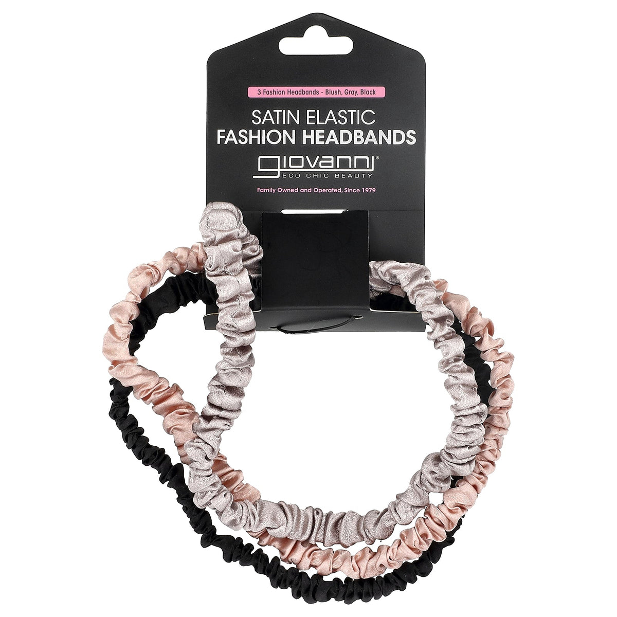 Giovanni, Satin Elastic Fashion Headbands, Blush, Gray, Black, 3 Headbands