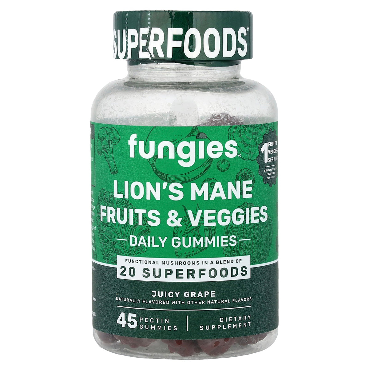 Fungies, Lion's Mane Fruit & Veggies Daily Gummies, Juicy Grape, 45 Pectin Gummies