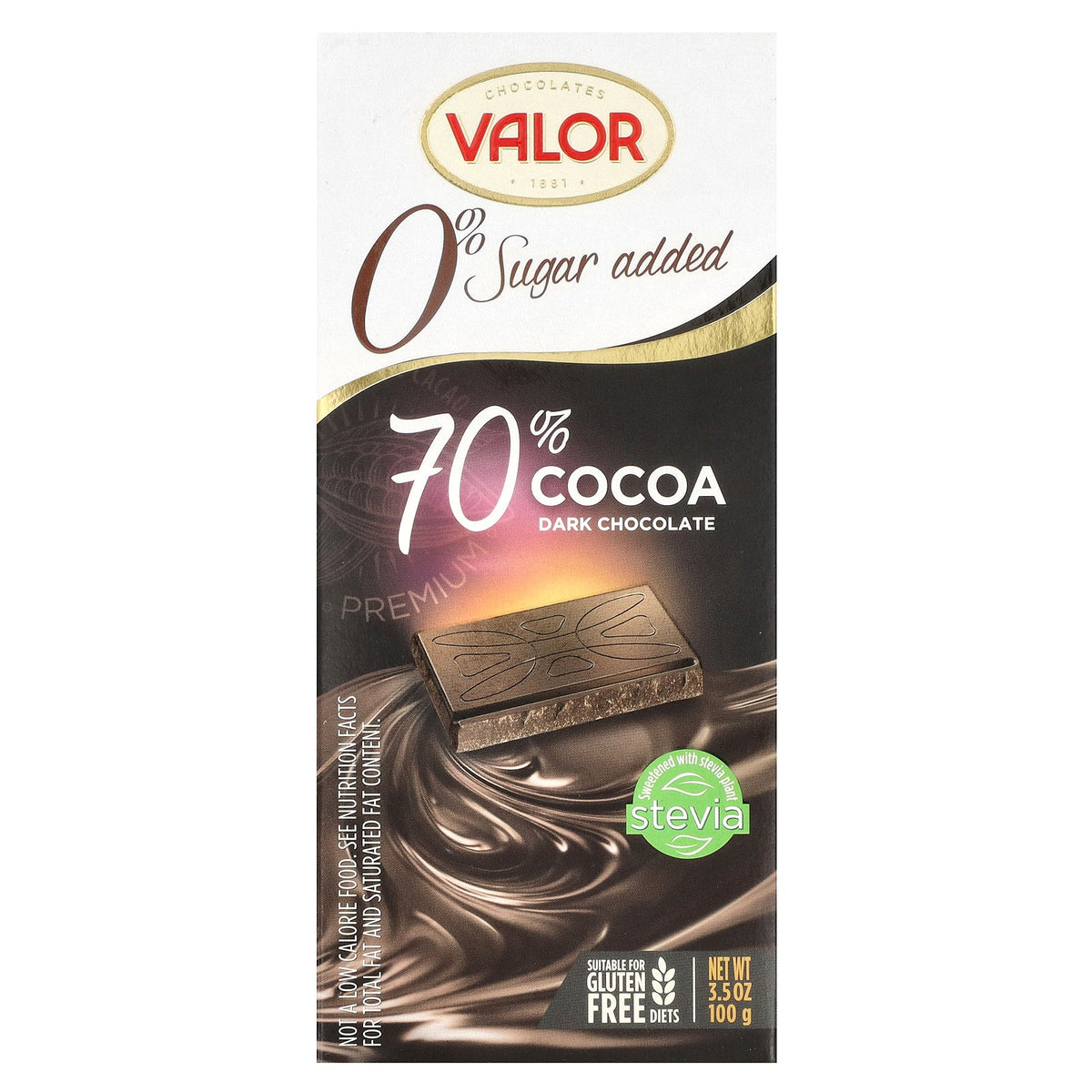 Valor, 0% Sugar Added, 70% Cocoa Dark Chocolate, 3.5 oz (100 g)