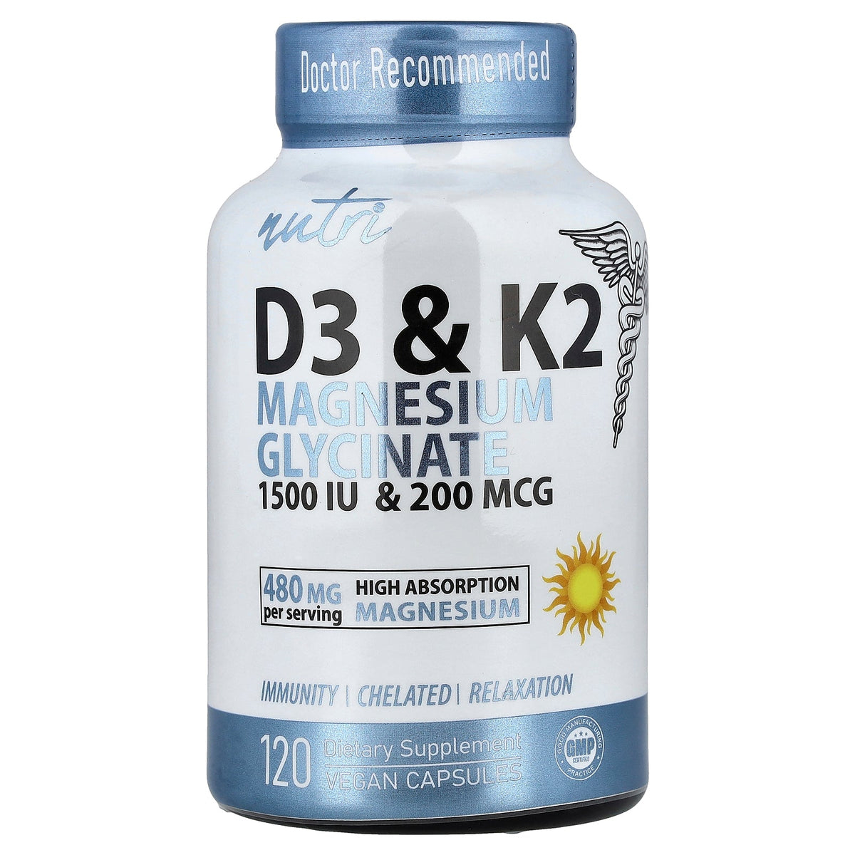 Nutri, Vitamin D3 & K2, Magnesium Glycinate, 120 Vegan Capsules